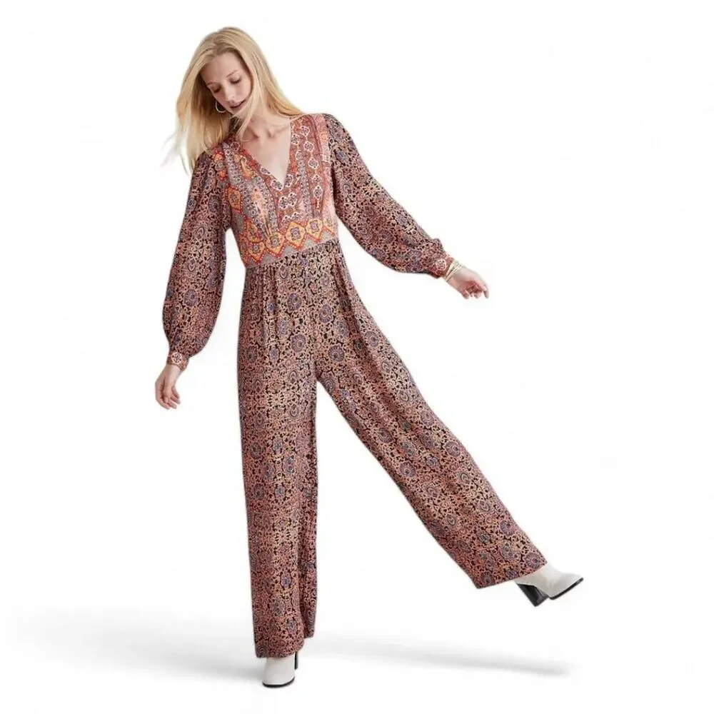 NWT Kachel x Anthropologie Pink Rose Patchwork Jumpsuit Long Sleeves Size S